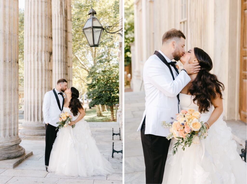 Bride and Groom kissing at 2nd Street National Bank in Philadelphia