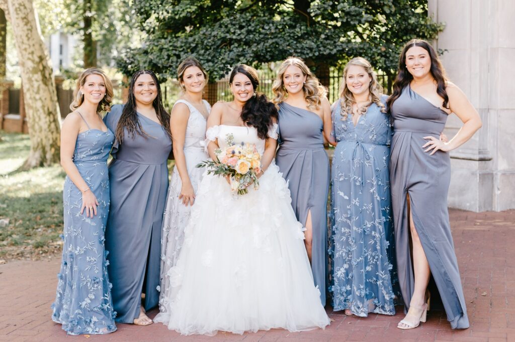 Bridesmaid in different shades of blue in Old City Philadelphia