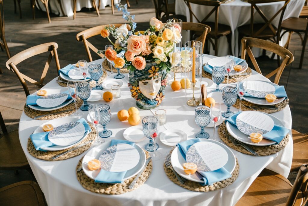 Sicilian Inspired table scape with Orange and blue hues