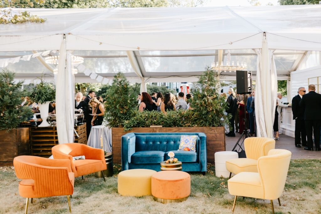 Colorful lounge area at a Clear tented Philadelphia wedding reception