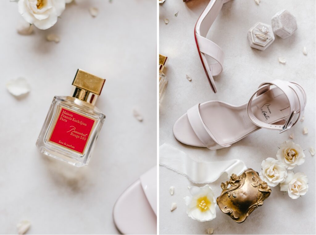 Wedding details such as bridal Louboutin heels and perfume