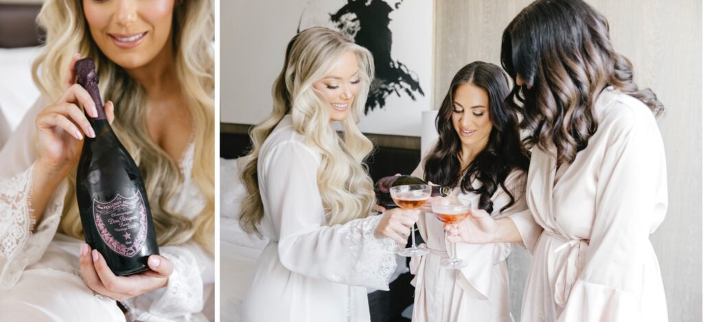 Bride and bridesmaids drinking champagne before getting ready for the wedding day