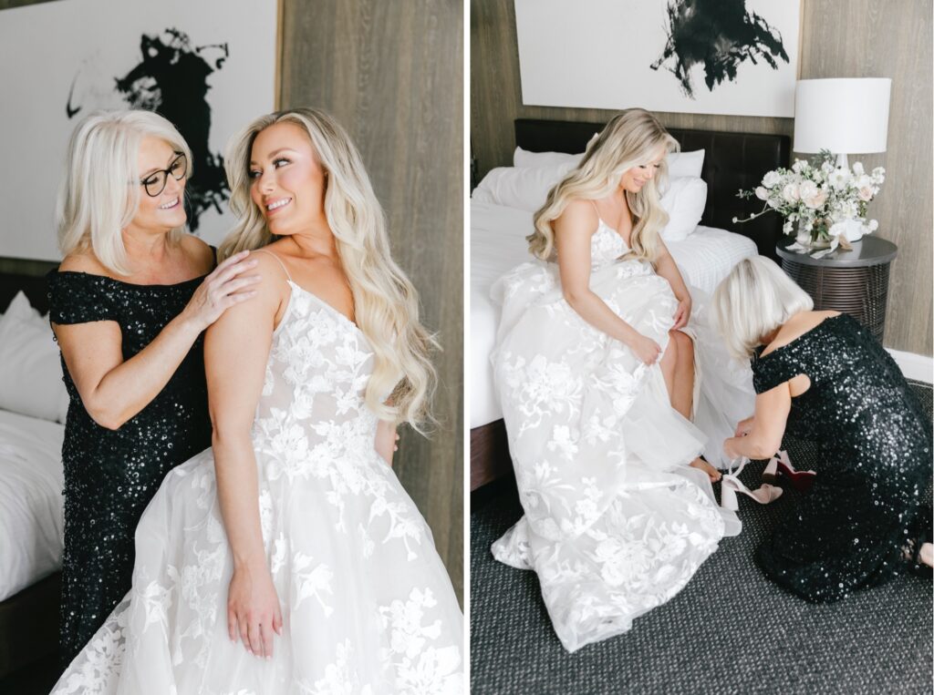 mother helping the bride into her Louboutin bridal heels