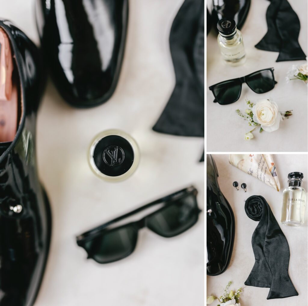 Grooms wedding details featuring Louis Vuitton cologne