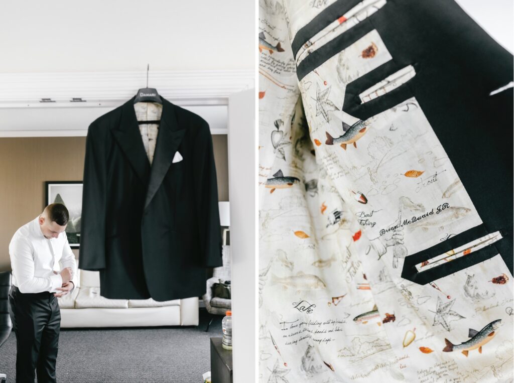 Custom designed groom's jacket with fishing inspired interior