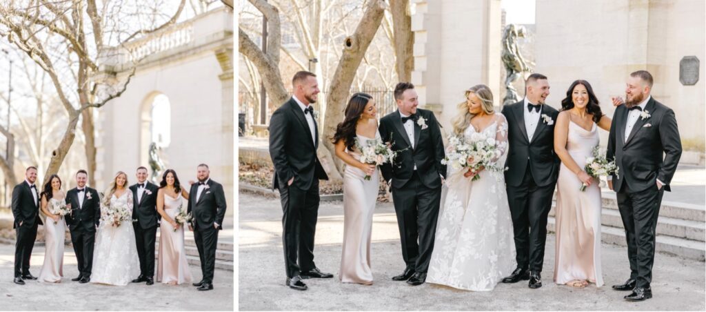 Winter bridal party dress in black suits and champagne dresses