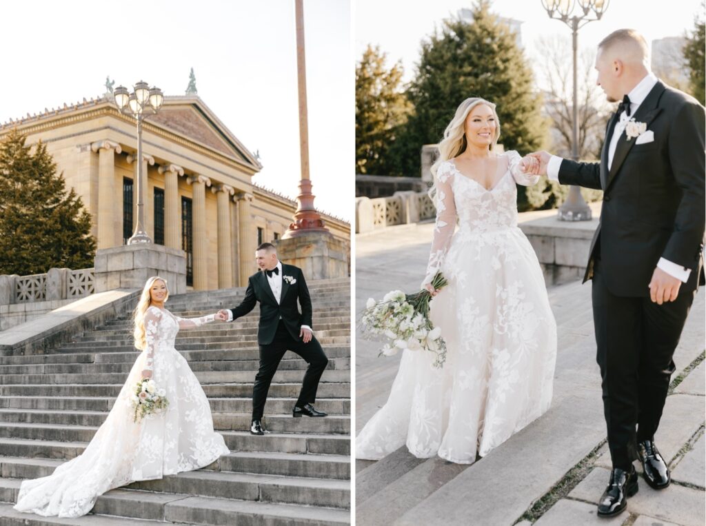 bride and groom at the Philly art museum before their wedding ceremony