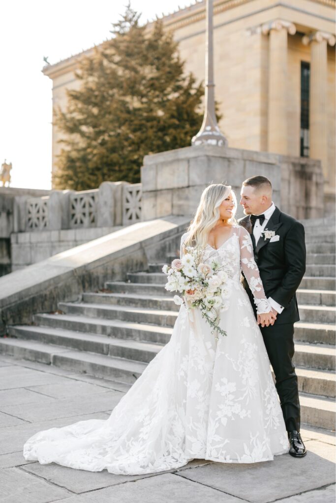 bride and groom on the rocky steps in Philadelphia, Pennsylvania