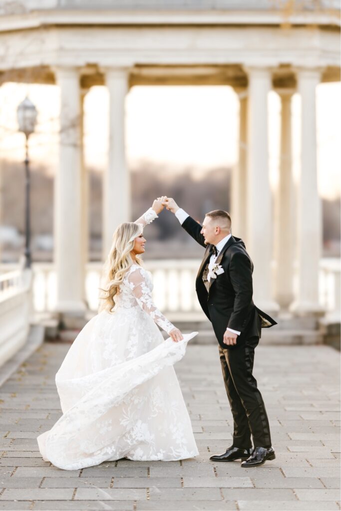 bride and groom dancing in front of a gazebo in Philadelphia