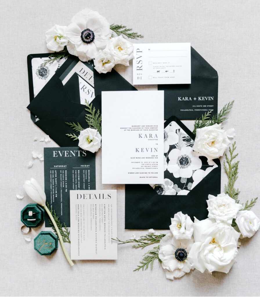 black, white ad green invitation, RSVP, and save the date details for a Center City Philadelphia winter wedding