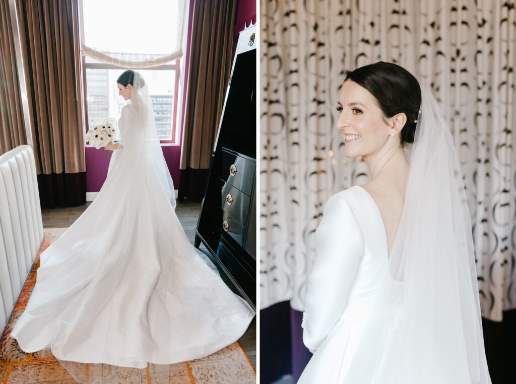 elegant bridal portrait by Emily Wren Photography before winter wedding at Curtis Atrium