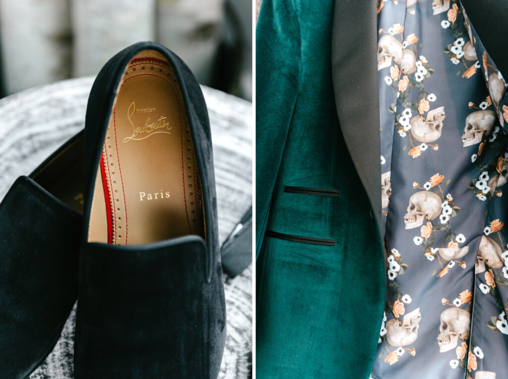 groom's custom velvet green suit jacket with skull and floral detailing on the interior