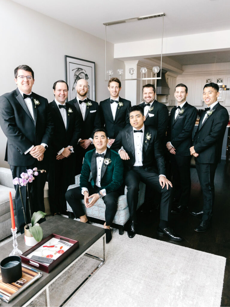 groom with his groomsmen before december wedding at Curtis Atrium