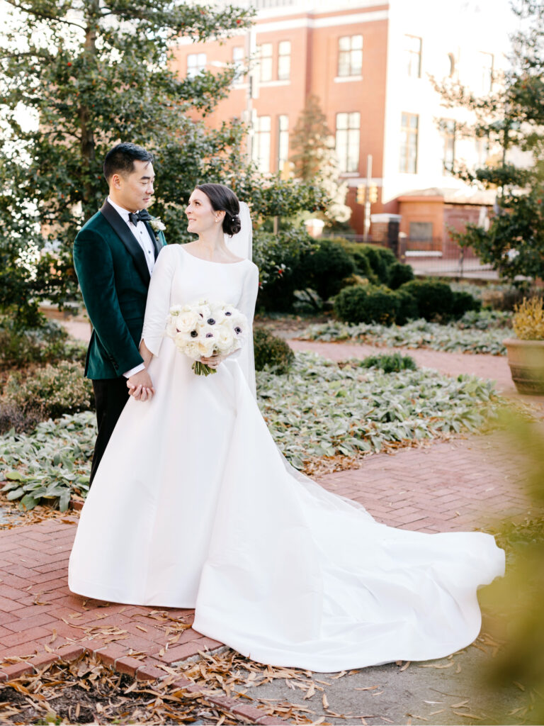 Bride and grooms portraits in Independence Park in Old City Philadelphia by Emily Wren Photography