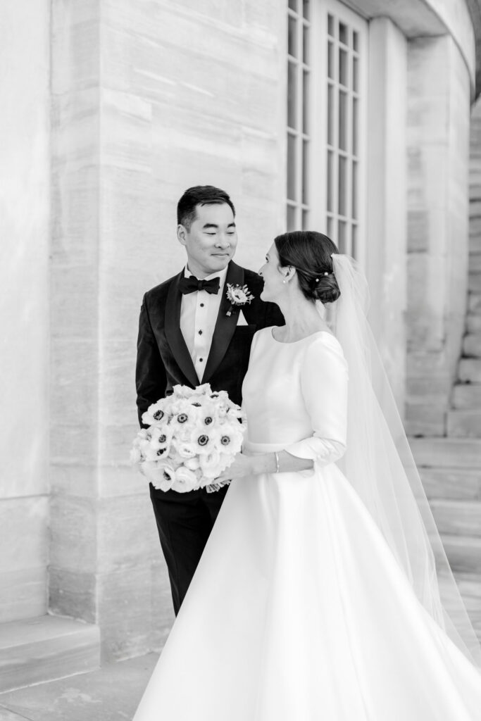 timeless portrait of bride and groom at Merchants Exchange in Old City Philadelphia