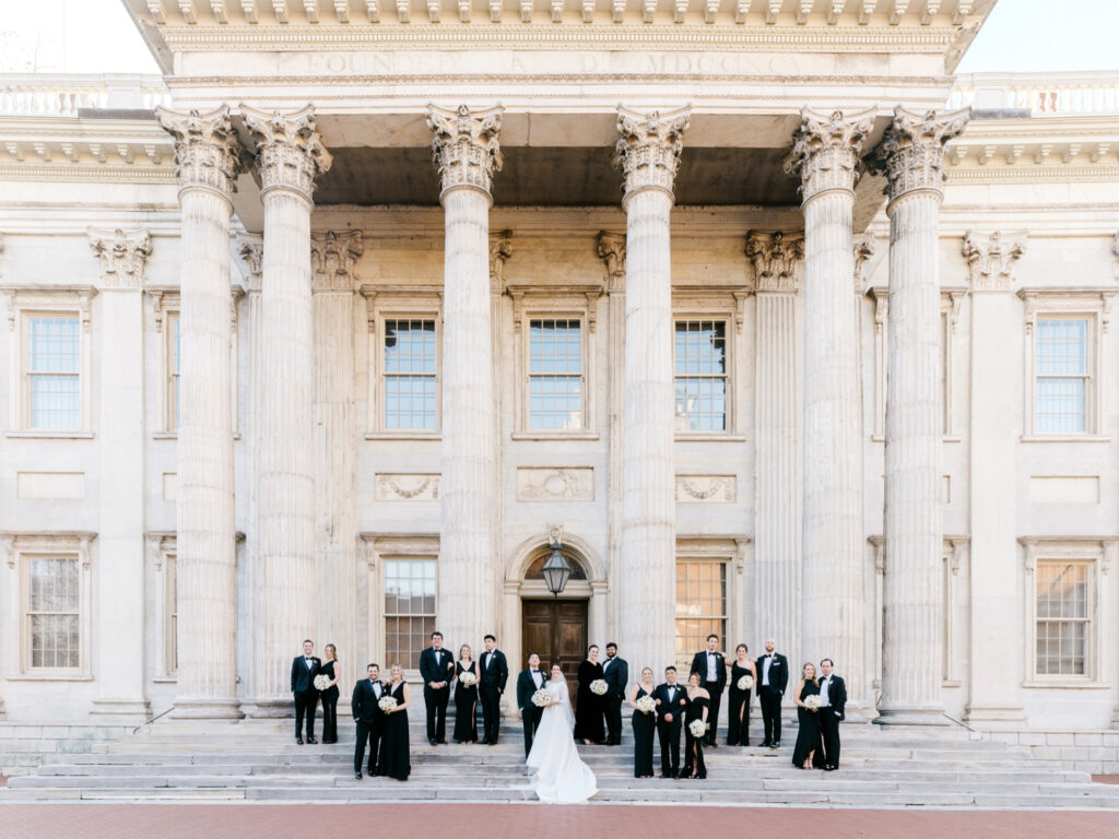 full bridal party portrait before winter wedding in Old City Philadelphia