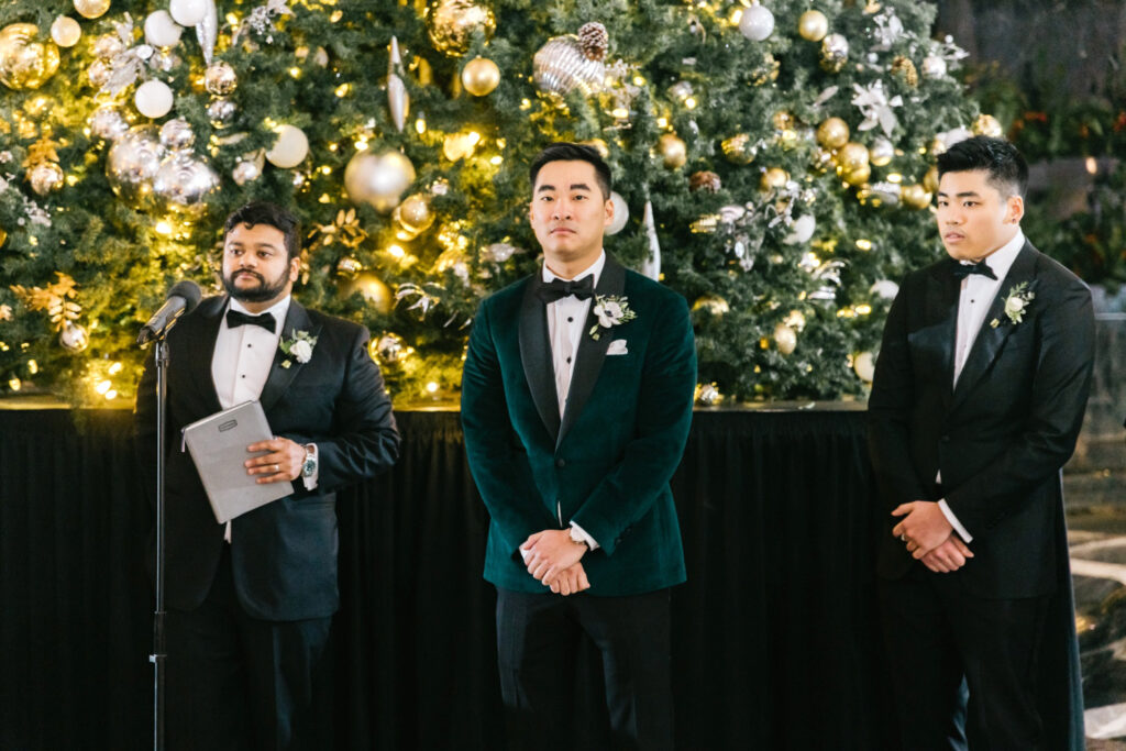 grooms reaction to bride walking down the aisle at Curtis Atrium in Center City Philadelphia