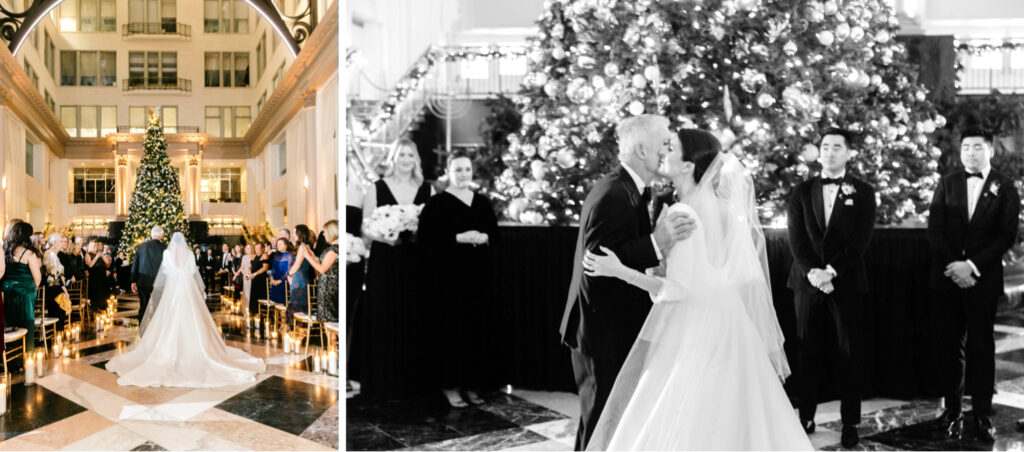 Bride walking down the aisle in front of the Curtis Atrium's Christmas tree