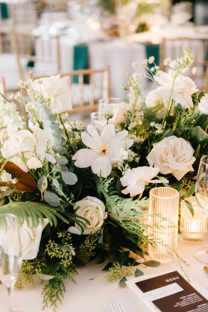 white and green floral table centerpieces for a Philadelphia winter December wedding