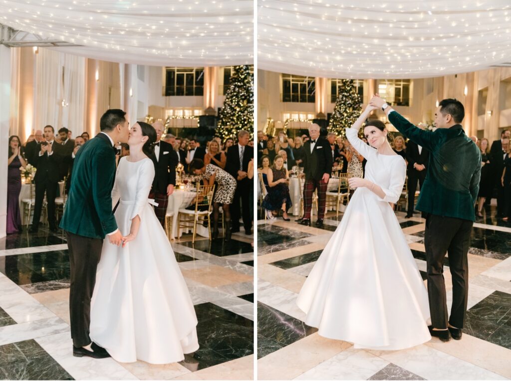 Bride and Grooms first dance at Curtis Atrium under string lights