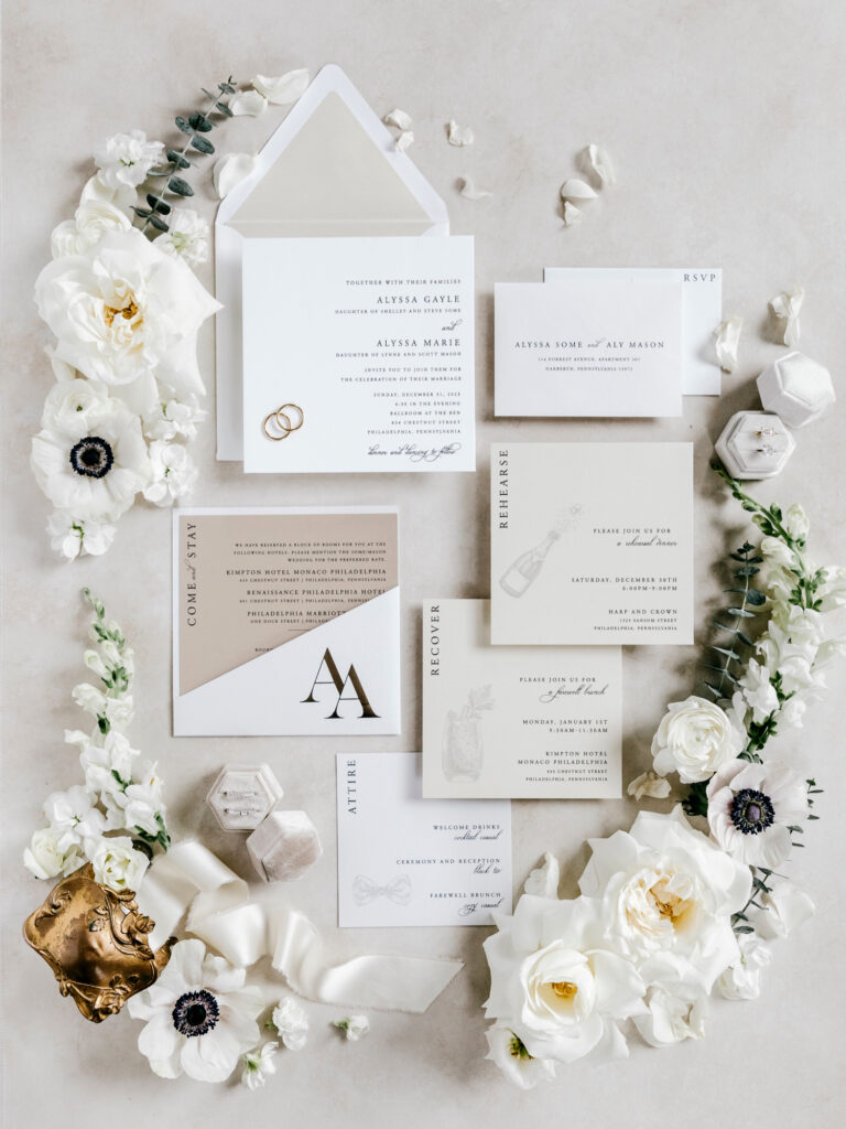 white invitation details for a New Year's Eve wedding in Center City Philadelphia