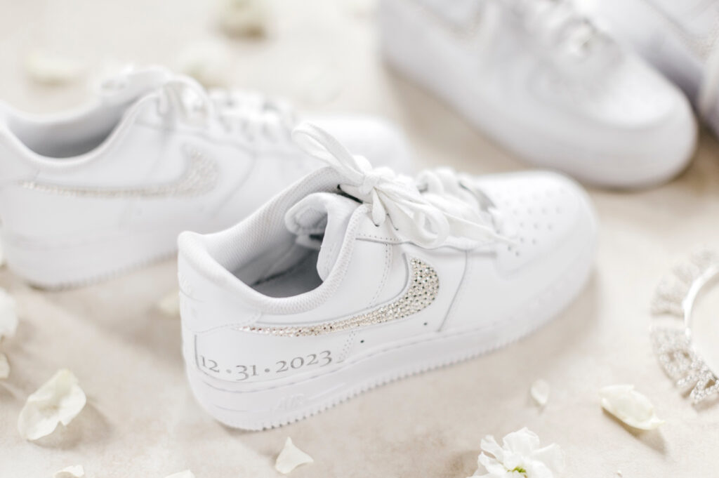 Custom bedazzled nike sneakers with wedding date