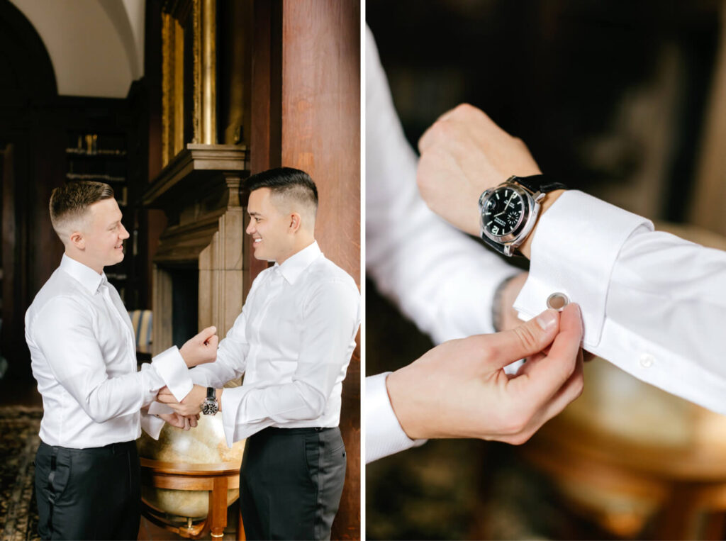 same sex couple getting ready for their Philadelphia wedding by Emily Wren Photography