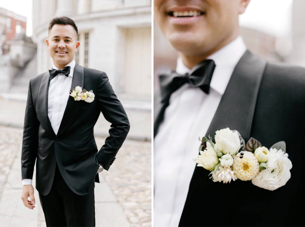 portrait of groom before his winter wedding in Philadelphia PA