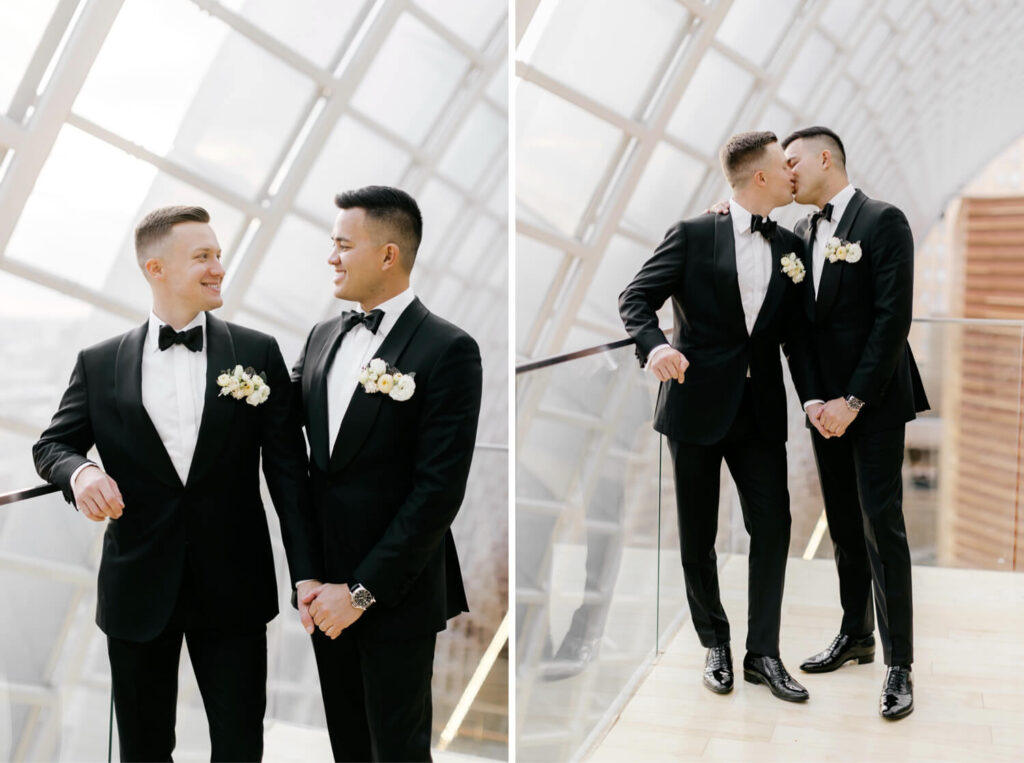 LGBTQ+ wedding couple at London Hall at The Union League before their Fall wedding ceremony