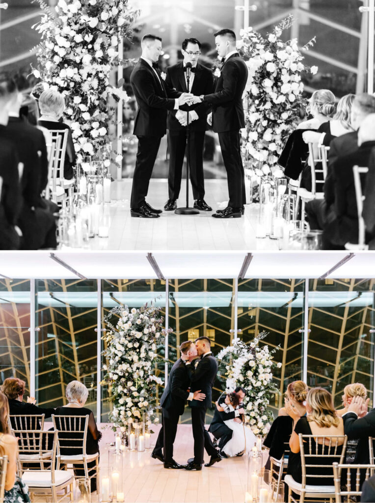 gay grooms first kiss at Fall Philadelphia wedding ceremony at The Union League