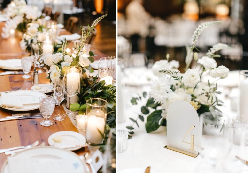 all white floral and table displays for late fall wedding reception