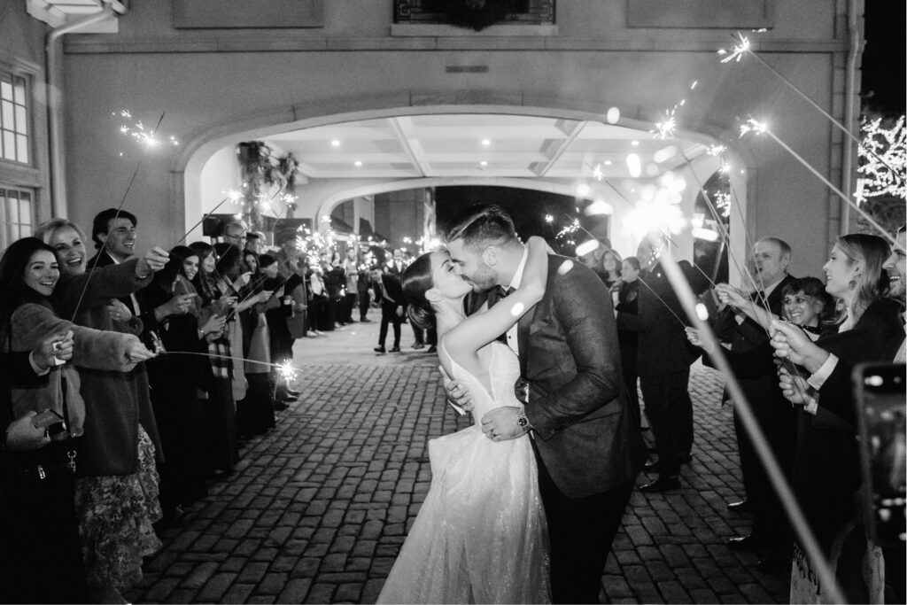 bride and grooms wedding exit with sparklers in East Brunswick New Jersey by Emily Wren Photography