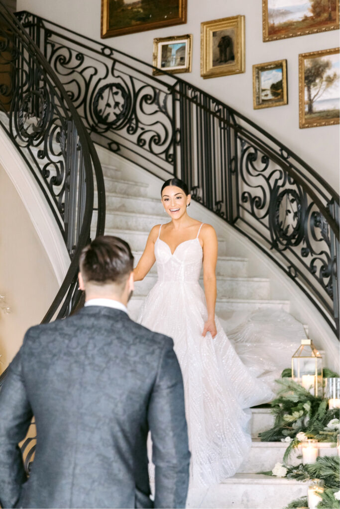 bride and grooms first look in East Brunswick, New Jersey