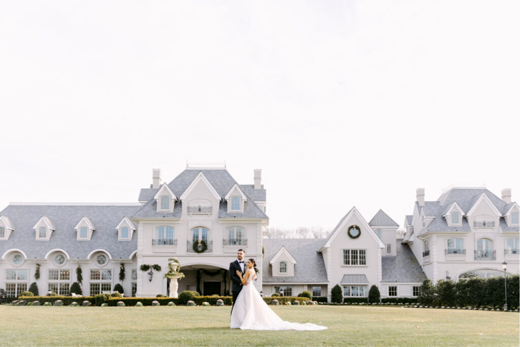 bride and groom portrait outside Park Chateau in East Brunswick