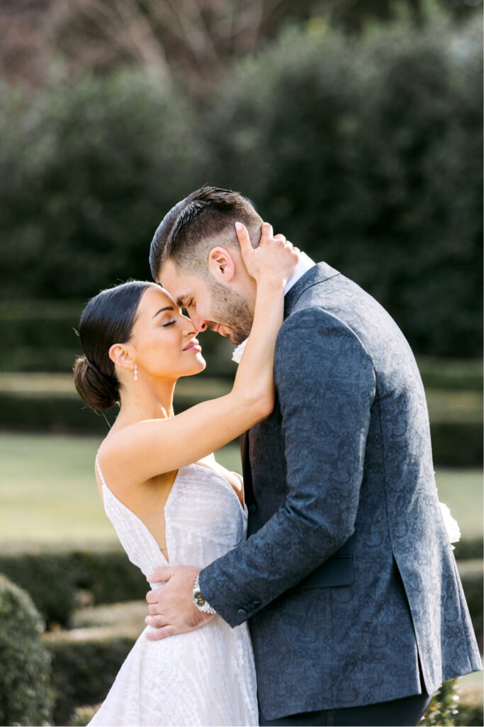 Bride and groom portrait at Park Chateau garden by Emily Wren Photography