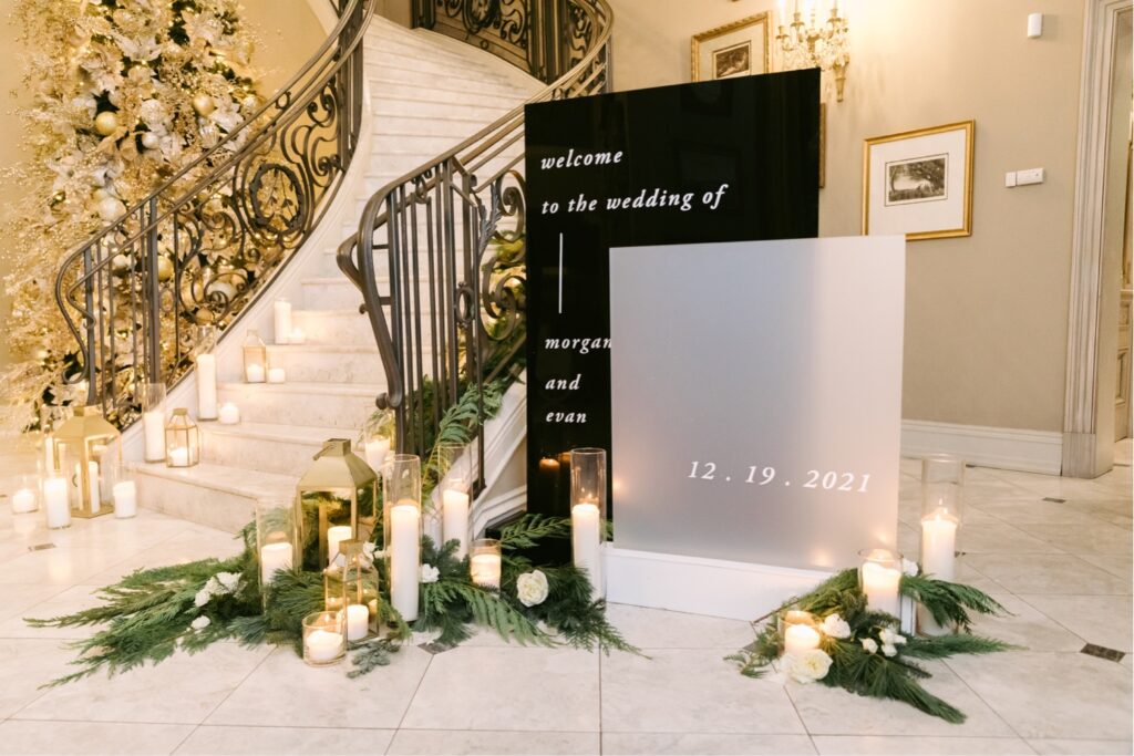 black and white sleek wedding reception greeting by Emily Wren photography