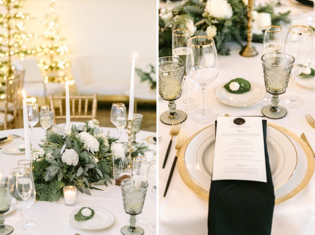 white black gold and green wedding reception table details