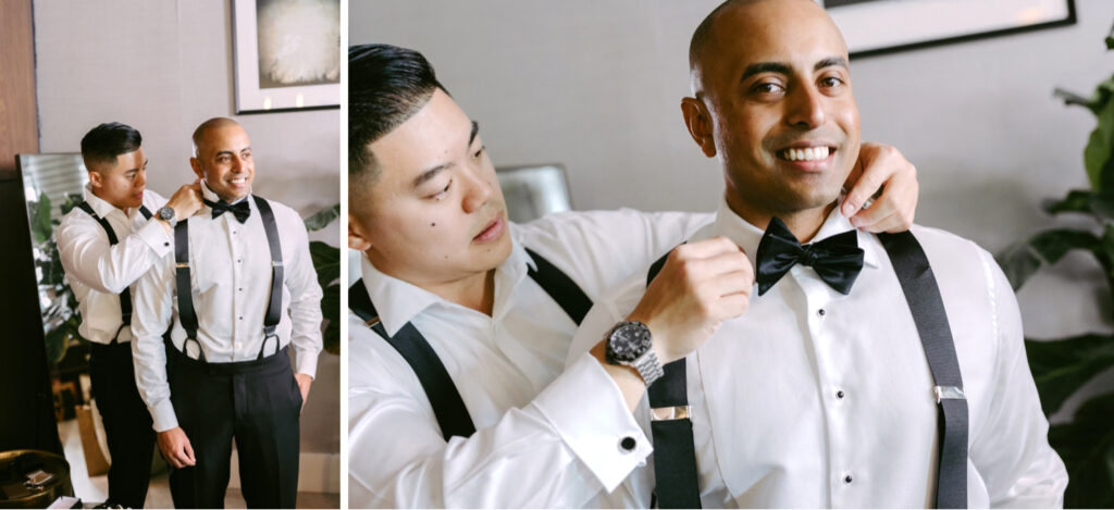 Groom getting ready in Center city Philadelphia for his summer wedding day