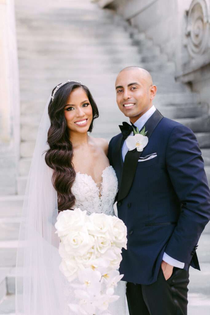 bride and groom in old city at merchants exchange