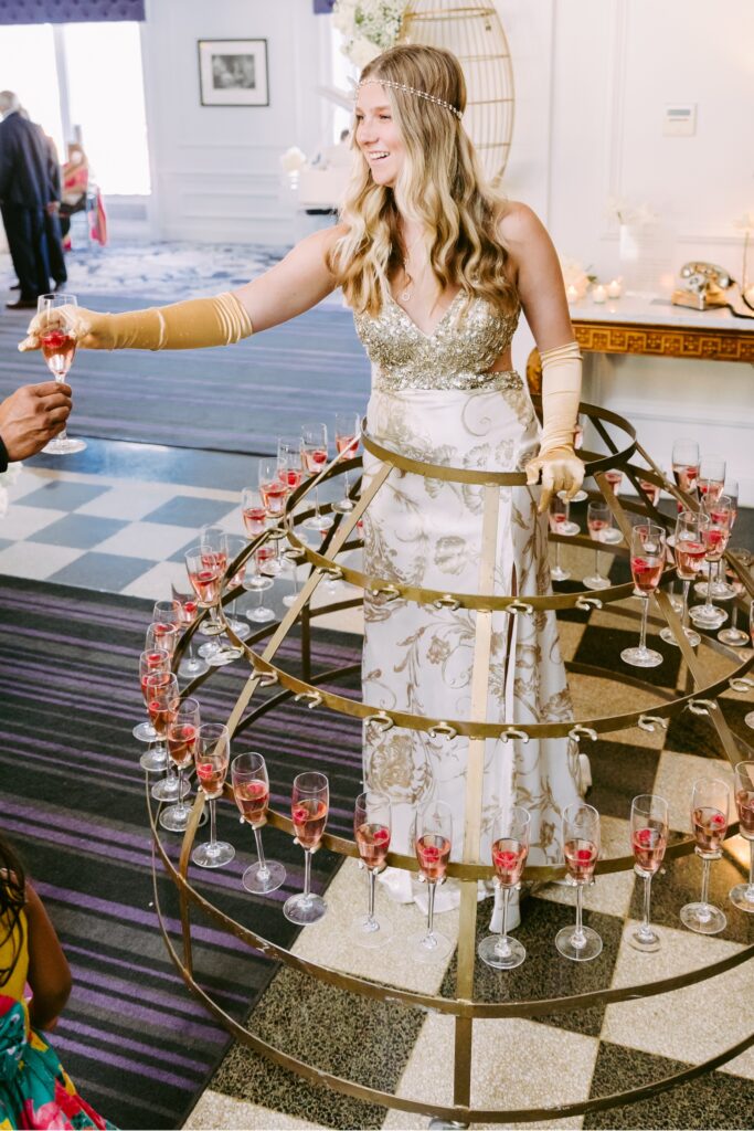 Champagne dress waitress at a Cescaphe wedding in Philadelphia by Emily Wren Photography