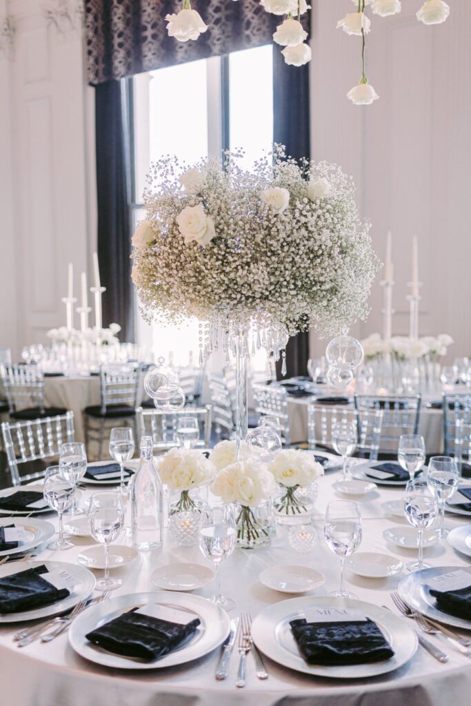 All white and black wedding reception details