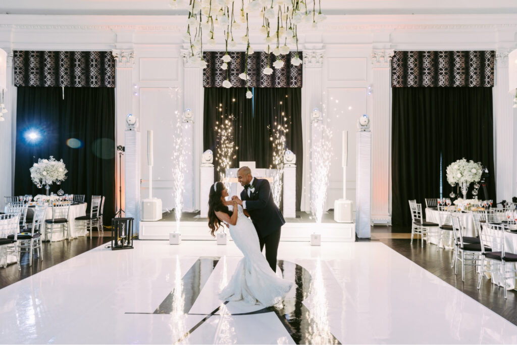 Bride and grooms first dance with sparklers on the dance floor