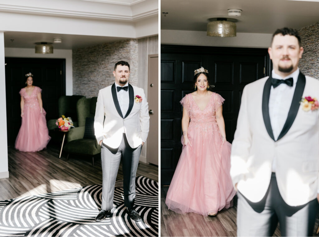 bride and grooms first look at Downtown Philadelphia hotel The Renaissance