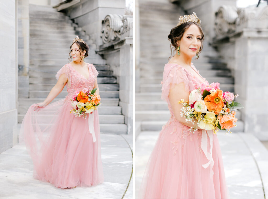 Spring Bride in Old City Philadelphia in a pink wedding gown