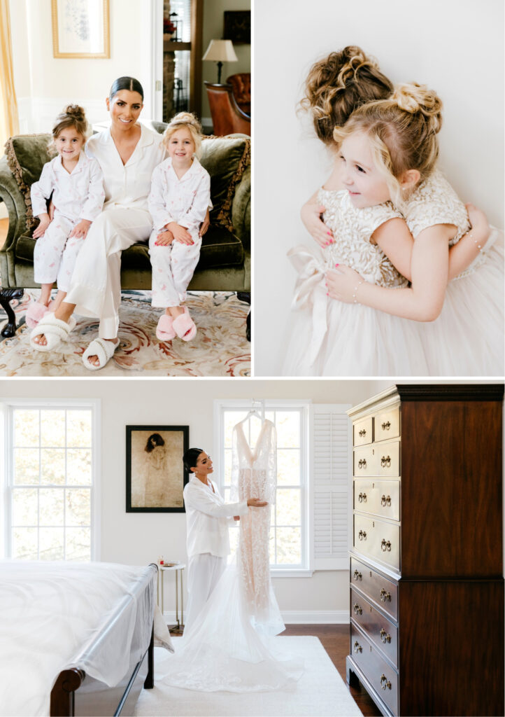 bride with her flower girls as they get ready for a winter wedding day