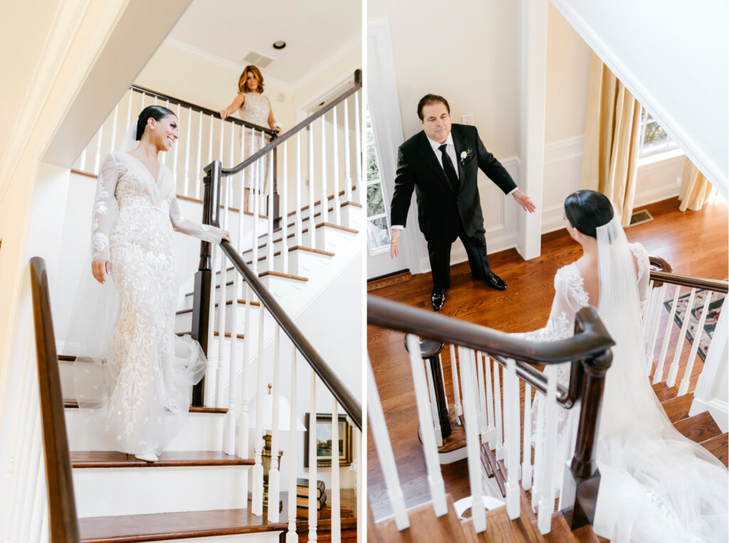 brides first look with her father in her Moorestown, New Jersey home