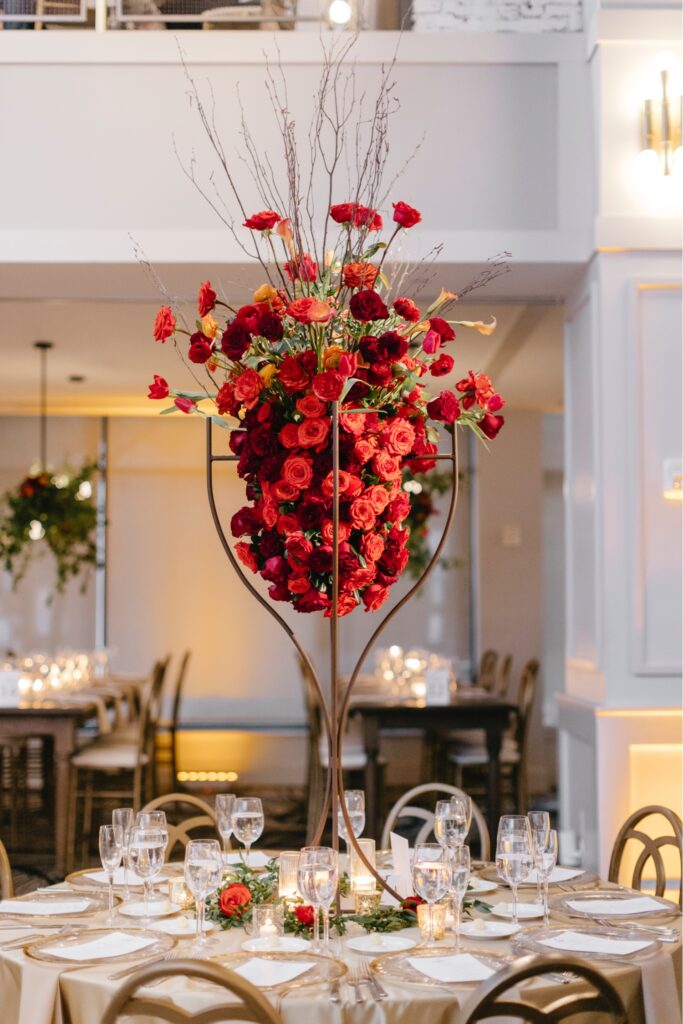 red rose floral table centerpiece arrangement at Fall Philadelphia wedding reception