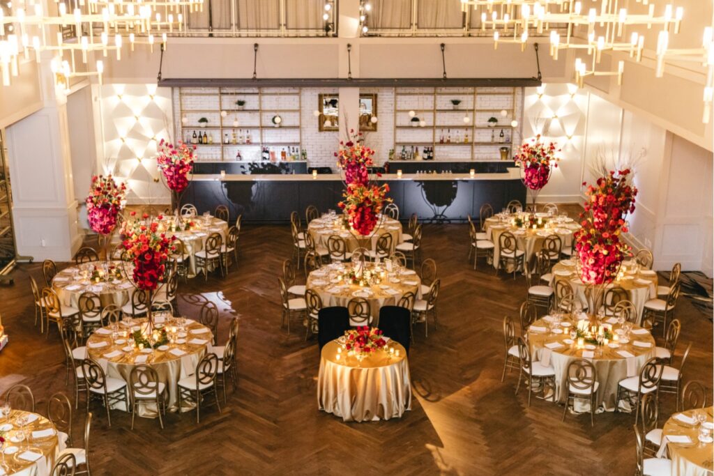 Red gold and white wedding reception details at Cescaphe's The Lucy in Philadelphia