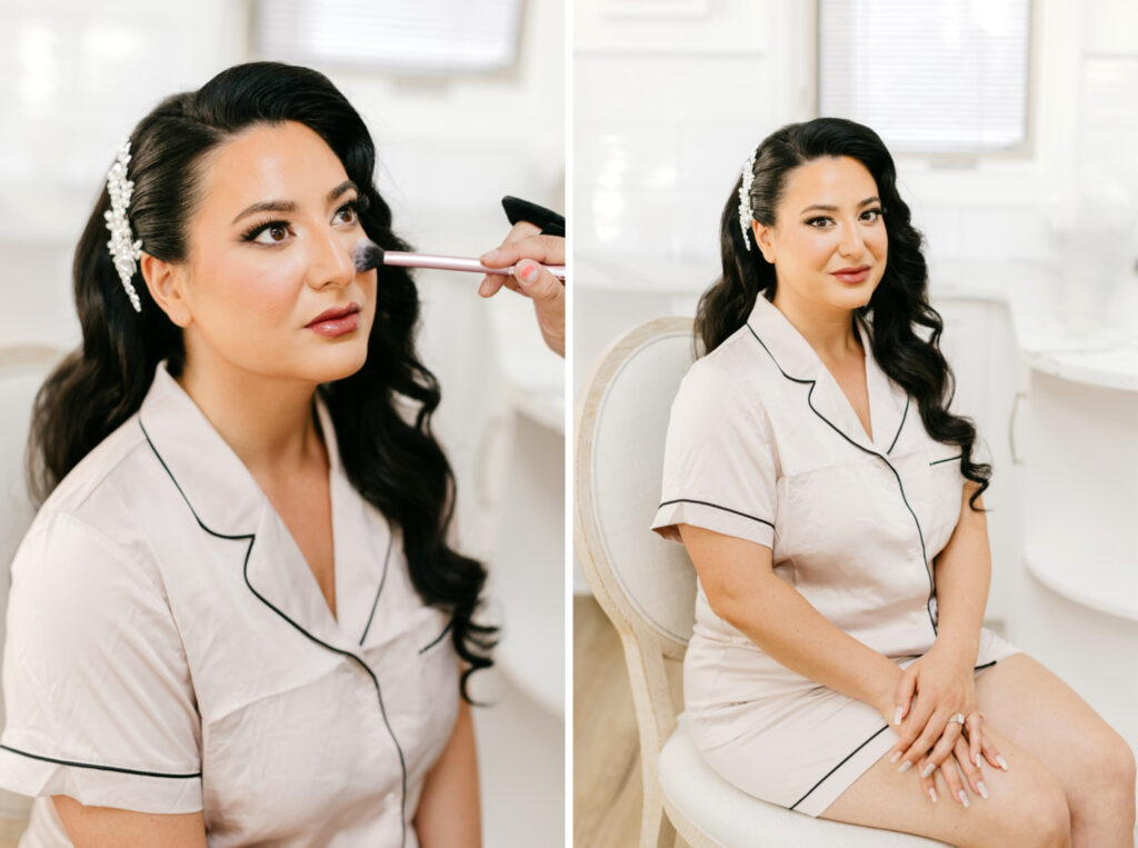 bride getting her wedding day makeup done by Emily Wren Photography