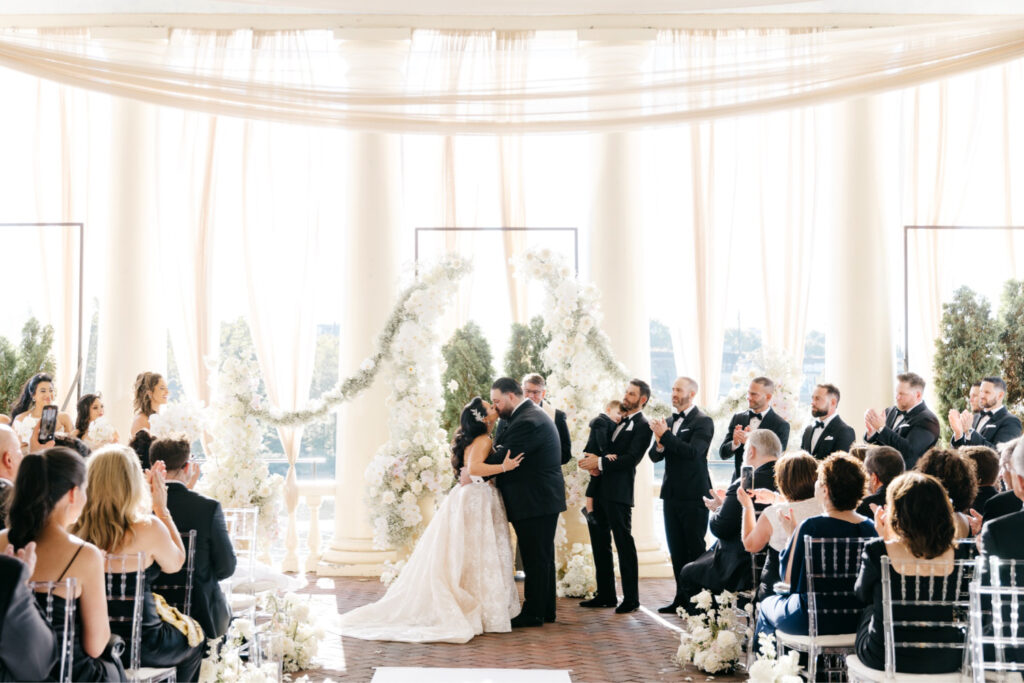 all white Philadelphia wedding ceremony at Cescaphe's Water Works venue by Emily Wren Photography